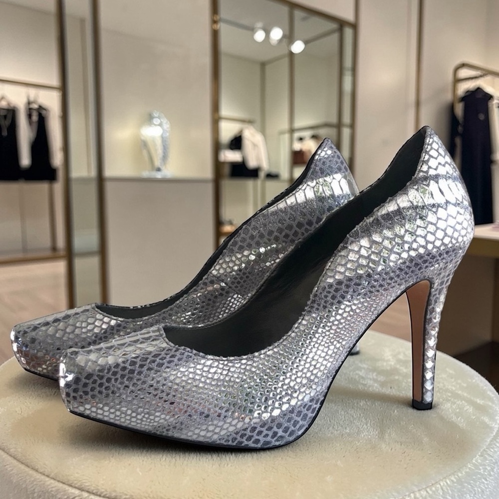 WHBM metallic silver heels with scallop edge detail